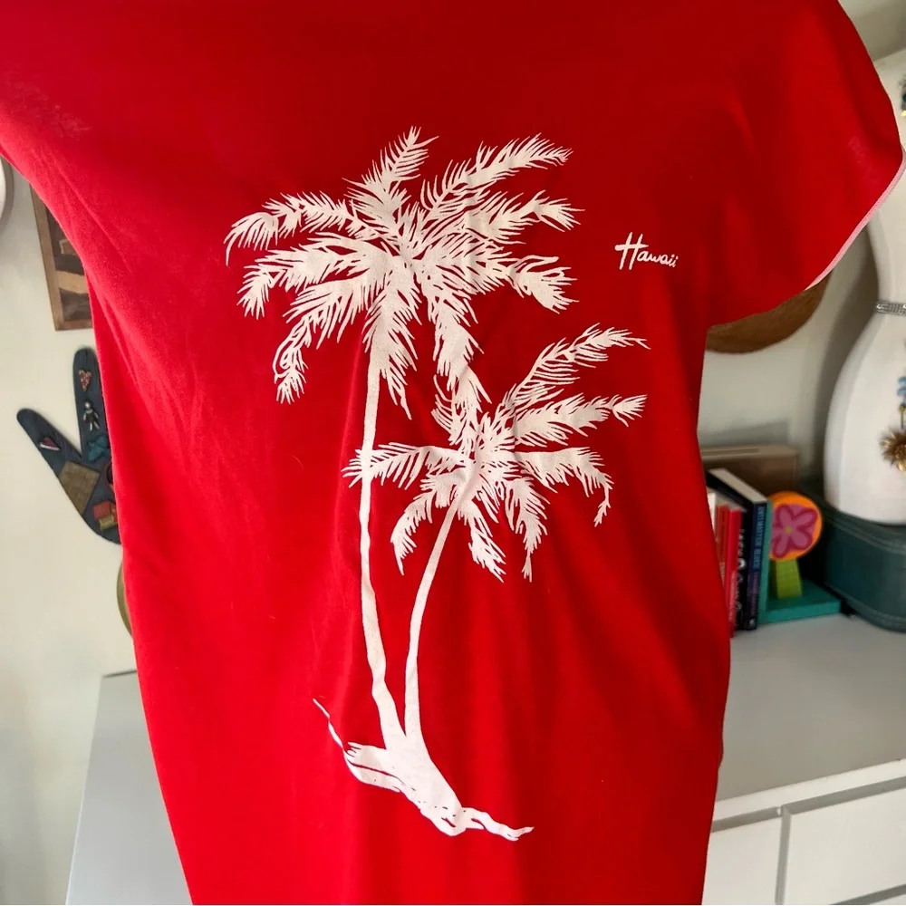 Vintage 1970s Hawaiian Flavor Palm Tree Cover Up Tunic Dress One Size Red/White